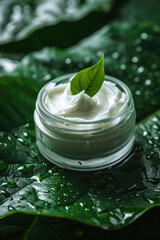 Jar of cream on leaves with moisture drops skincare cosmetics
