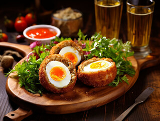 Traditional Scotch eggs cut in half on wooden tray served with vegetables.