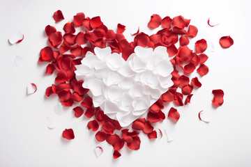 A creative heart-shaped arrangement of white flower petals centered within a sea of red petals, depicting a contrast of purity and passion.
