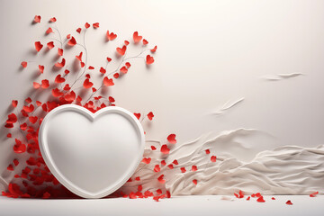 An artistic display features a heart-shaped dish with red hearts flowing out, complemented by a dynamic white fabric, symbolizing love and elegance.
