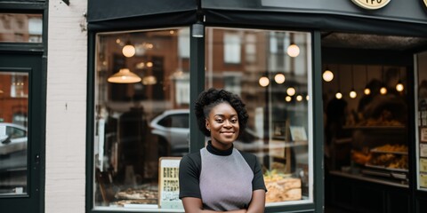 Portrait of a young African-American woman standing in front of a bakery - obrazy, fototapety, plakaty