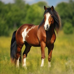 Obraz premium A Pinto Horse Standing in a Green Field
