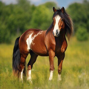 A Pinto Horse Standing in a Green Field