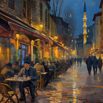 Digital painting of a street in the evening with coffee shops in the old town of Istanbul, Turkey in old times. Nostalgic cityscape