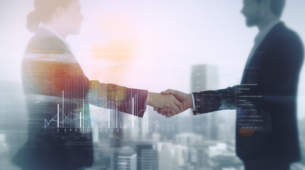 handshake in an office between a woman and a man , double exposure of data and information - gender pay gap and equality concept 
