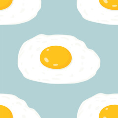 Vector Seamless Pattern with Flat Fried Egg, Omelet on a Blue Background. Healthy Breakfast, Protein Food, Diet Meal Concept. Design Template