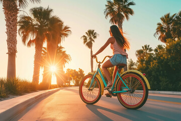 A girl riding a colorful beach cruiser bike along a palm tree-lined boardwalk, with the sun setting behind her - obrazy, fototapety, plakaty