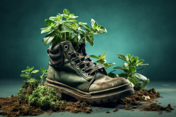 An old leather boot overgrown with plants. Concept of nature, sustainability.