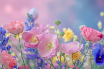 Spring floral background with colorful flowers in bright pastel colors. Aesthetic composition for springtime.