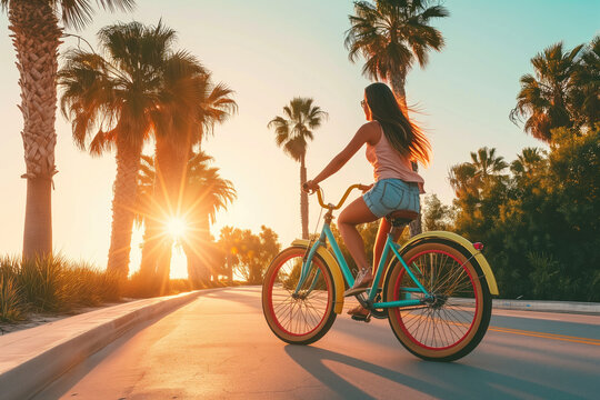 A girl riding a colorful beach cruiser bike along a palm tree-lined boardwalk, with the sun setting behind her