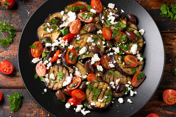 Roasted Eggplant, Tomato salad with kalamata olives and Feta cheese
