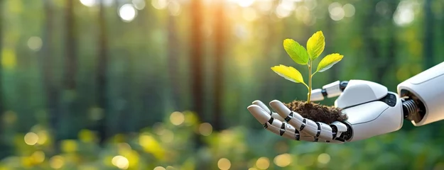 Outdoor-Kissen Robot hand gently holding a young plant against green spring forest background. Sustainable development in the field of agriculture and artificial intelligence. Arbor day concept. © vidoc