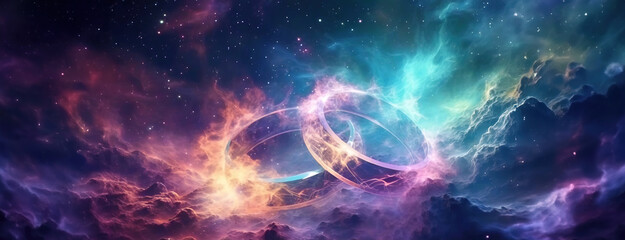 Cosmic nebulae intertwine, resembling wedding rings in the vastness of space in the cosmos. eternal promise of rings, their interstellar embrace a metaphor for boundless love and unity. Panorama. - obrazy, fototapety, plakaty