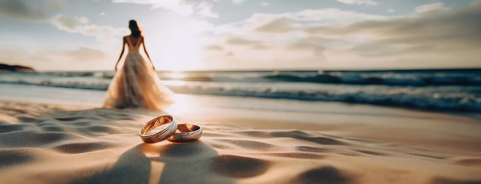 Wedding bands in the sand with a bride walking towards the horizon on sandy beach. Golden rings rest on the shore as a figure in bridal attire approaches the sea. Background with copy space. Panorama.