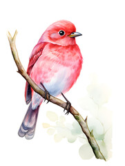 Watercolor illustration of cute little red bird on white background 