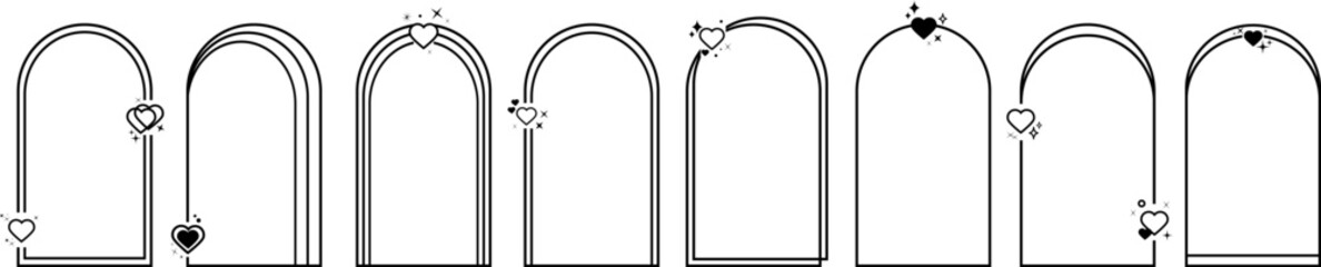 Modern arch frames collection. Trendy boho style border. Black aesthetic geometric arch with heart elements .Retro futuristic art border for social media. Geometric linear frames. Valentine's day