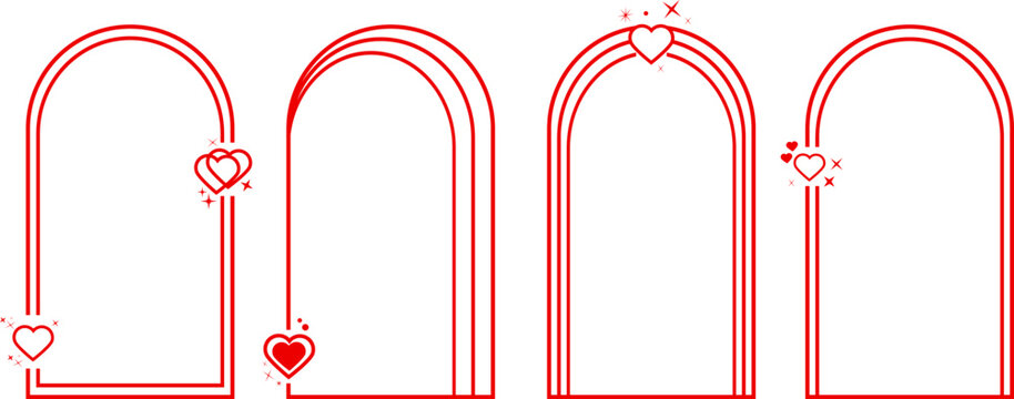 Modern arch frames collection. Trendy boho style border. Red aesthetic geometric arch with heart elements .Retro futuristic art border for social media. Geometric linear frames. Valentine's day