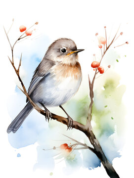 Watercolor illustration of cute little grey bird on white background 