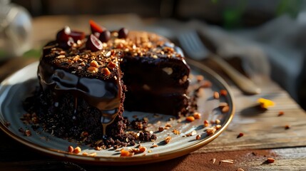 Fototapeta na wymiar Chocolate cake with chocolate glaze and nuts on a plate.