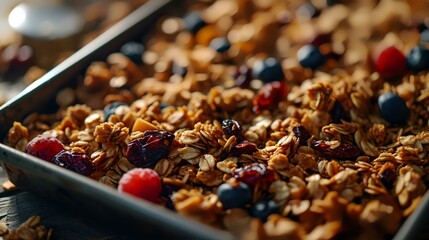 Homemade granola with nuts, raisins and dried cranberries - obrazy, fototapety, plakaty