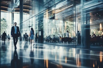 Business professionals walking in a modern office building