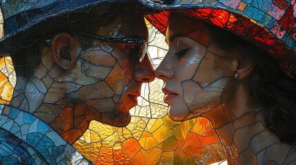 Stained glass window background with abstract of colorful Couple in love .	