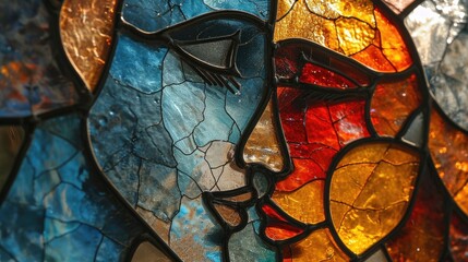 Stained glass window background with abstract of colorful Couple in love . 