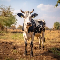 Holstein cow standing in a dry grassy field looking at the camera
