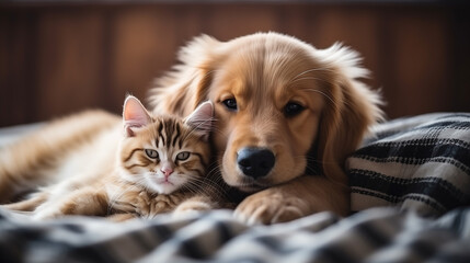 A golden retriever and a cat lying on a bed together.