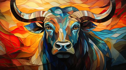 Stained glass window background with abstract of colorful buffalo.