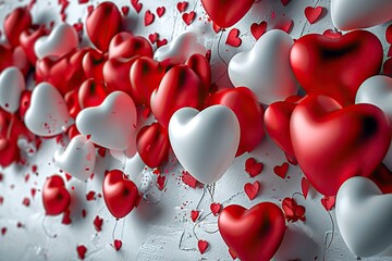 Celebrate Love Valentine's Day Background with Red and White Heart-Shaped Balloons, Creating a Romantic Atmosphere for Holiday Parties and Decorations. created with Generative AI