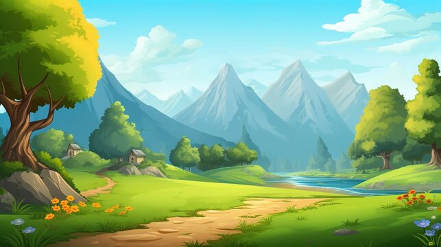 Cartoon Landscape with Mountains and River