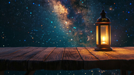 2024 Ramadan Kareem. Wooden board empty table. Ramadan lantern and Muslim lamp sky background. Copy paste area for texture - obrazy, fototapety, plakaty