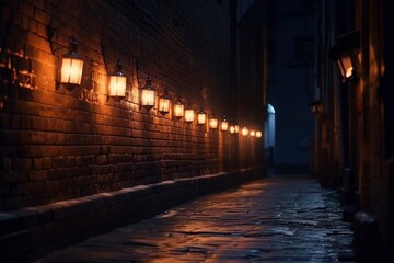 street old brick wall decorated with night lanterns