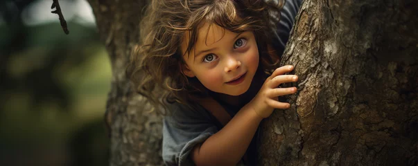 Foto op Canvas Young smal girl climbs at old tree. copy space for text. © Sabrewolf