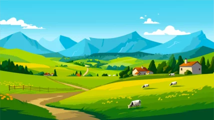 Foto op Canvas Spring landscape with mountains and blue sky in the green plain, vector illustration © meysam