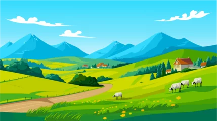 Foto op Canvas Spring landscape with mountains and blue sky in the green plain, vector illustration © meysam