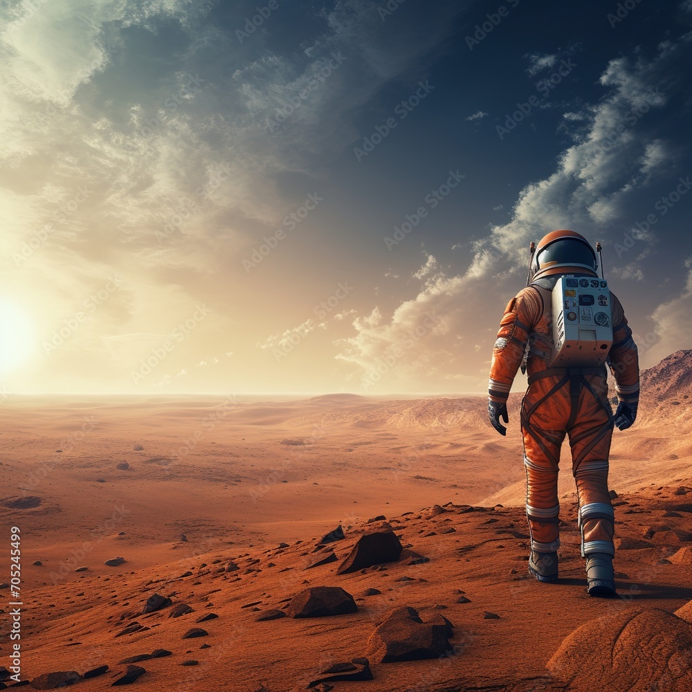 Poster astronaut in a spacesuit walking on the surface of mars