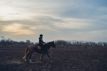 woman on her horse riding through the Argentinean countryside at sunset. Copy space