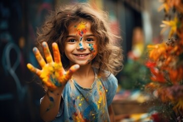 Joyful child with a beaming smile, hands painted in vibrant colors, symbolizing creativity, playfulness, and fun.