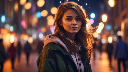 Fototapeta premium Girl in the street at night blurred background lights high quality photo