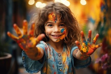 Joyful child with a beaming smile, hands painted in vibrant colors, symbolizing creativity, playfulness, and fun.