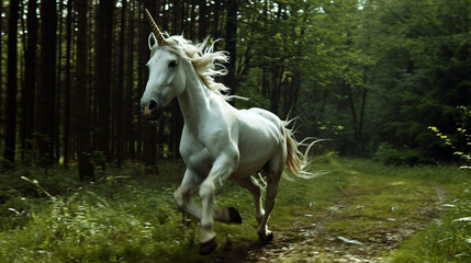 Majestic white unicorn running through enchanted forest.