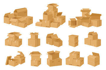 Cardboard boxes stack. Carton delivery packages pile, warehouse storage parcels, stacked cargo shipping cardboard boxes flat vector illustration set. Parcels pile collection - obrazy, fototapety, plakaty
