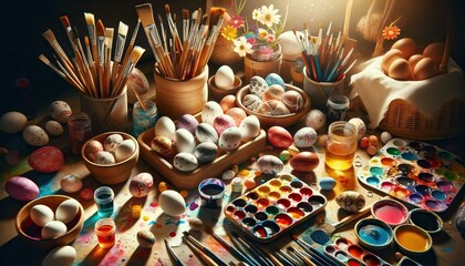 Vibrant Easter Egg Painting Supplies and Colorful Decorations on Wooden Table - obrazy, fototapety, plakaty