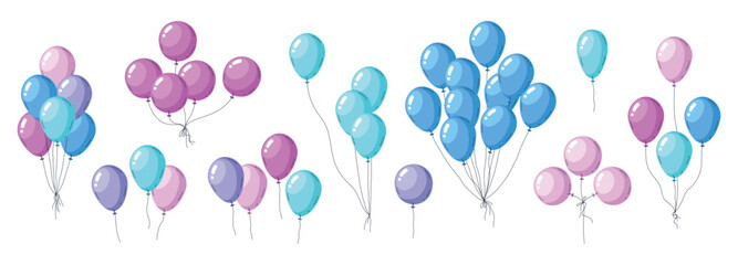 Hand drawn balloon bunch. Helium balloons happy birthday decorations, air balloons celebration decor flat vector illustration. Yellow flying glossy balloons - obrazy, fototapety, plakaty