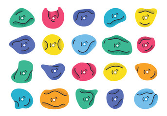 Alpinism climbing wall hooks. Сlimbing grips, multicolored holds for rock climbing walls, alpinism training crimps flat vector illustration set. Plastic grippers for climbing