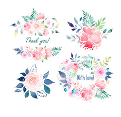 Watercolor flowers objects postcards set. hand drawing. Not AI, Vector illustration