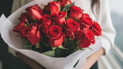 A Bouquet of Lush Red Roses Held Gently, Symbolizing Love and Romantic Gestures