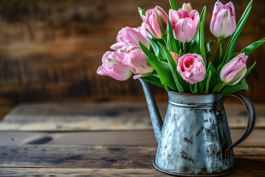 Pink tulips in a rustic metal pitcher. Springtime or Easter concept. Space for text